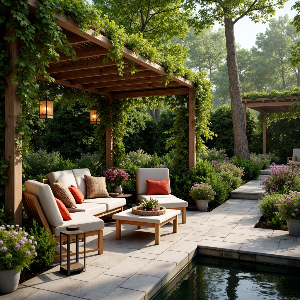 Prompt: Cozy patio, natural stone flooring, lush greenery, blooming flowers, comfortable outdoor furniture, soft cushions, warm lighting, lanterns, string lights, wooden pergola, trellis, climbing vines, tranquil water features, small pond, fountain, birdsong, sunny afternoon, gentle breeze, shallow depth of field, 3/4 composition, natural textures, ambient occlusion.