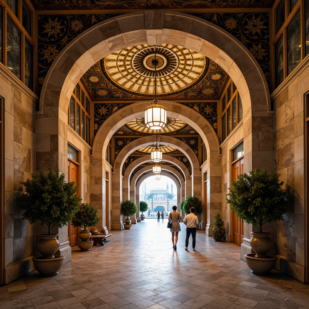 Prompt: Ornate archways, Byzantine domes, golden mosaics, intricate stone carvings, grand entrance halls, vaulted ceilings, ornamental columns, luxurious marble floors, richly patterned textiles, warm soft lighting, shallow depth of field, 3/4 composition, symmetrical view, realistic textures, ambient occlusion.