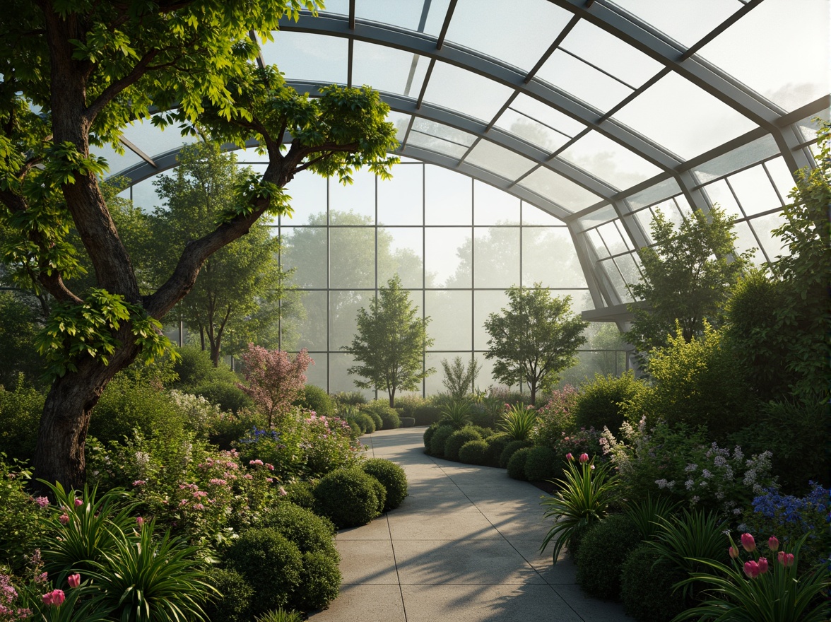 Prompt: Vibrant greenhouse, lush tropical plants, misty atmosphere, warm natural light, organic shapes, futuristic architecture, curved glass surfaces, minimalist metal frames, sustainable water systems, living walls, green roofs, eco-friendly materials, innovative climate control, shaded outdoor spaces, aromatic flowers, butterflies, hummingbirds, soft focus, shallow depth of field, 1/1 composition, realistic textures, ambient occlusion.