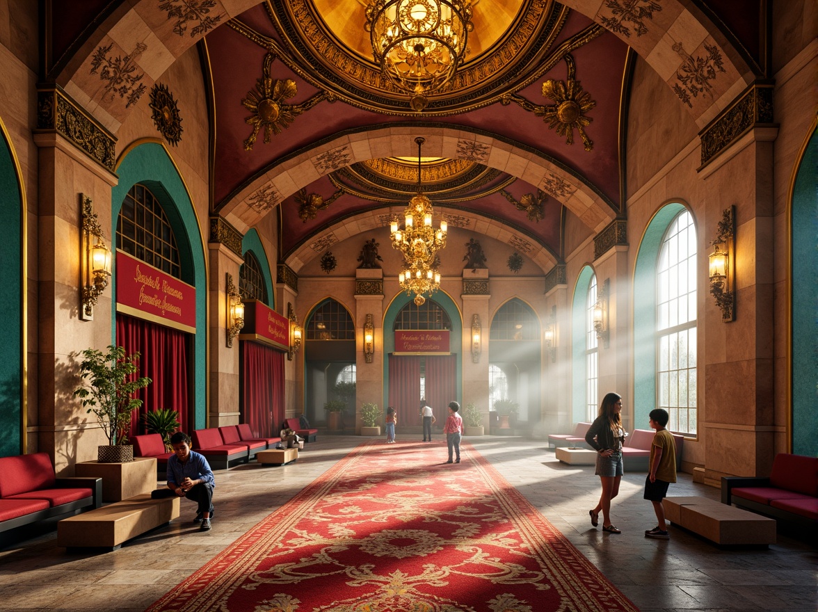 Prompt: Vibrant youth center, Byzantine-inspired architecture, warm golden domes, ornate stone carvings, intricate mosaics, rich turquoise accents, bold red archways, gleaming bronze details, lavish velvet textiles, ornamental lanterns, spiritual ambiance, soft warm lighting, atmospheric fog effect, 1/2 composition, intimate close-ups, realistic reflections, subtle color grading.