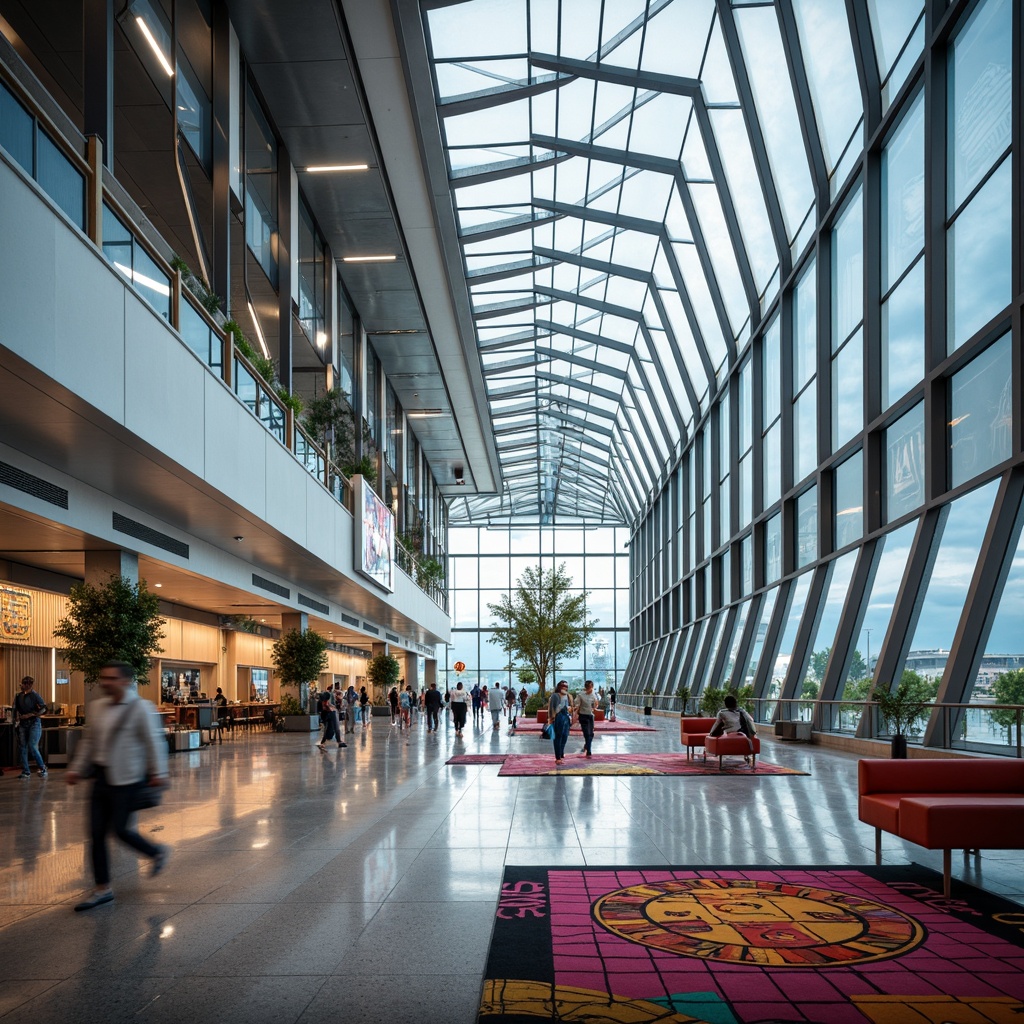 Prompt: Vibrant airport terminal, curved dynamic lines, futuristic architecture, polished metal accents, large glass ceilings, abundant natural light, airy open spaces, sleek minimalist furniture, bold colorful artwork, geometric patterned rugs, modern LED lighting, bustling atmosphere, busy travelers, blurred motion, shallow depth of field, 1/2 composition, cinematic view, high-contrast rendering, realistic reflections.