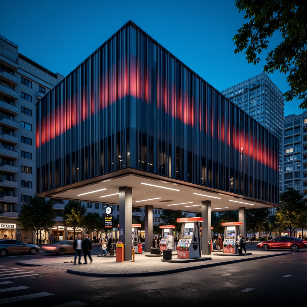 Prompt: Modern gas station, sleek metal facade, angular lines, minimalist design, neon signage, LED lighting, concrete foundation, industrial materials, urban landscape, busy streets, cityscape views, dramatic night lighting, shallow depth of field, 1/2 composition, wide-angle lens, realistic textures, ambient occlusion.