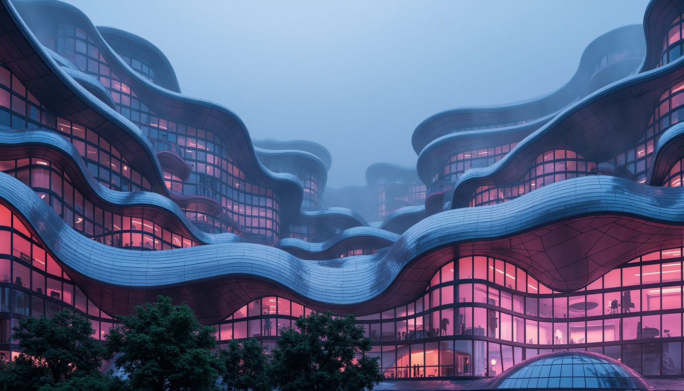 Prompt: Undulating roofs, flowing curves, organic shapes, futuristic architecture, sleek metallic surfaces, iridescent glass facades, biomimetic design, wavy lines, fluid forms, dynamic structures, cantilevered overhangs, asymmetrical compositions, bold vibrant colors, neon lights, misty atmospheric effects, shallow depth of field, 2.35 cinematography, cinematic lighting, realistic reflections, ambient occlusion.