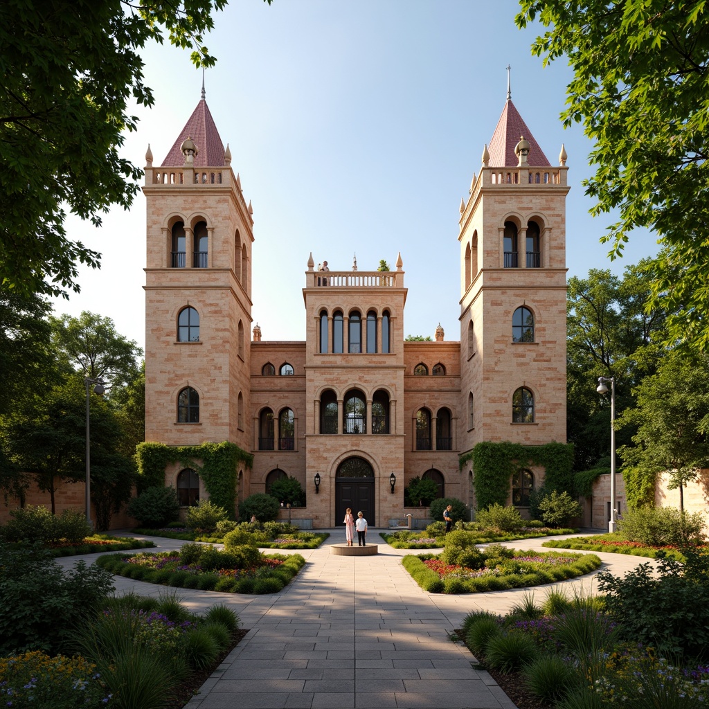 Prompt: Majestic Romanesque towers, lush greenery, sprawling lawns, meandering stone pathways, ornate fountains, vibrant flowerbeds, rustic stone walls, weathered brick textures, moss-covered statues, ivy-clad facades, grand archways, imposing entrance gates, dramatic lighting, warm golden hour, shallow depth of field, 1/2 composition, symmetrical framing, realistic renderings, ambient occlusion.