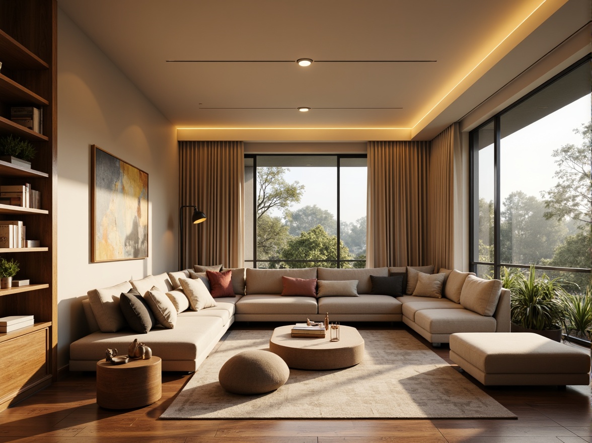 Prompt: Cozy living room, plush velvet sofas, warm beige walls, rich wood flooring, modern minimalist decor, floor-to-ceiling windows, natural light pouring in, comfortable reading nooks, soft warm lighting, 1/1 composition, shallow depth of field, realistic textures, ambient occlusion.