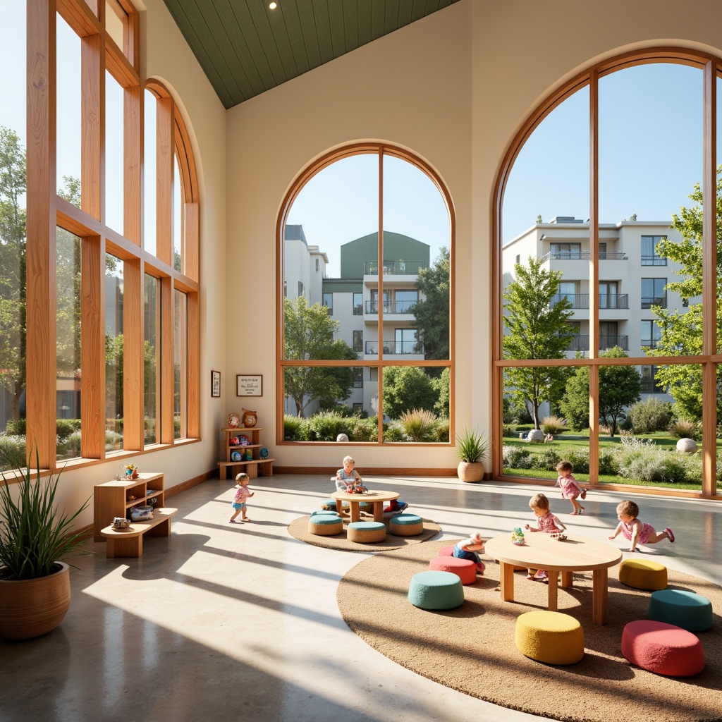 Prompt: Vibrant kindergarten, large windows, natural light, colorful curtains, wooden frames, circular arches, playful balconies, outdoor play areas, green roofs, educational signage, kid-friendly furniture, soft cushions, pastel colors, gentle lighting, shallow depth of field, 1/1 composition, panoramic view, realistic textures, ambient occlusion.