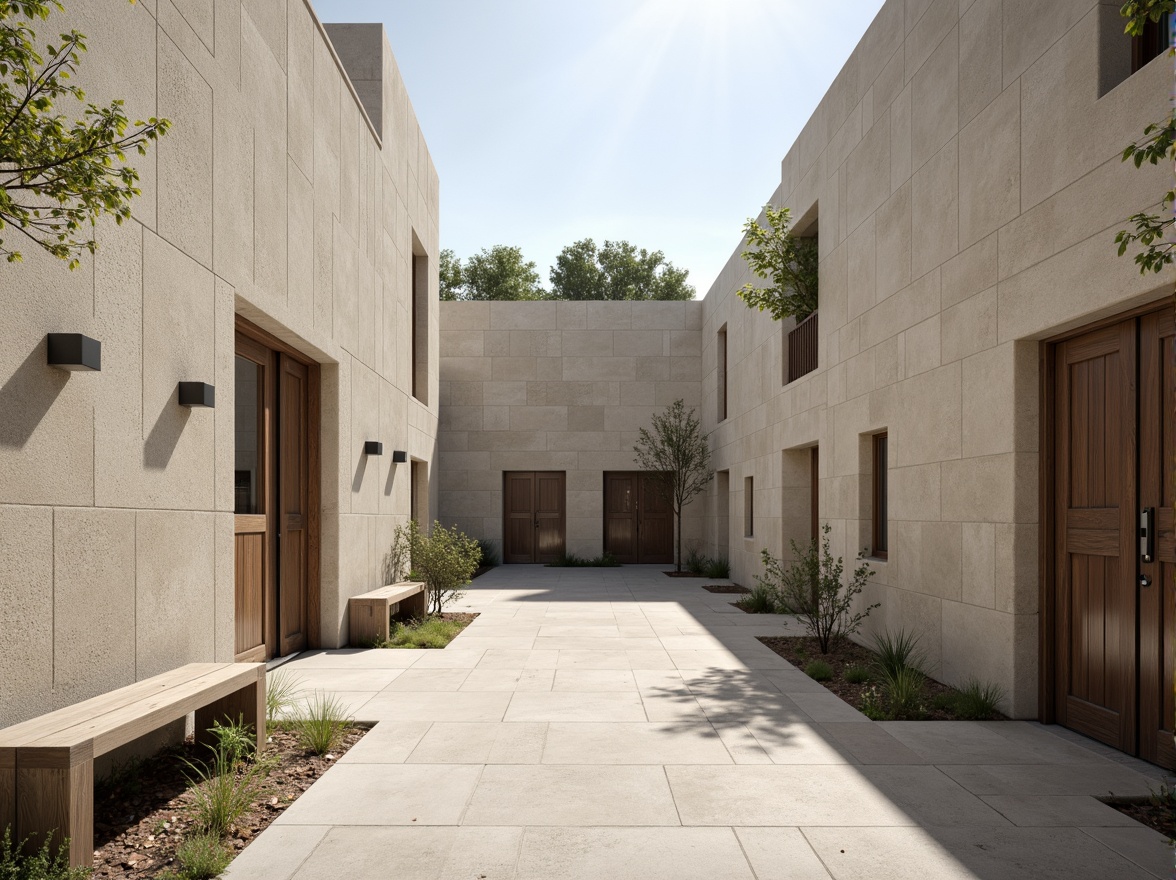 Prompt: Monastic courtyard, plain stone walls, minimalist ornaments, simple benches, rustic wooden doors, clean lines, functional design, industrial materials, concrete floors, sparse greenery, subtle natural light, soft shadows, shallow depth of field, 1/1 composition, symmetrical framing, monochromatic color scheme, brutalist textures, ambient occlusion.