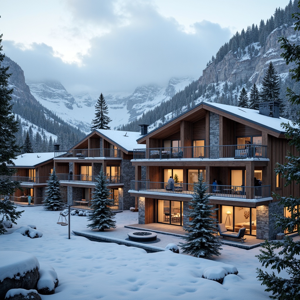 Prompt: Snow-capped mountains, rustic wooden chalets, natural stone foundations, reclaimed wood accents, earthy color palette, warm cozy lighting, snowflake-inspired patterns, frosted glass windows, metal roofing, wooden ski lifts, pine tree surroundings, frozen lake views, misty morning atmosphere, soft focus, 1/2 composition, shallow depth of field, realistic textures.