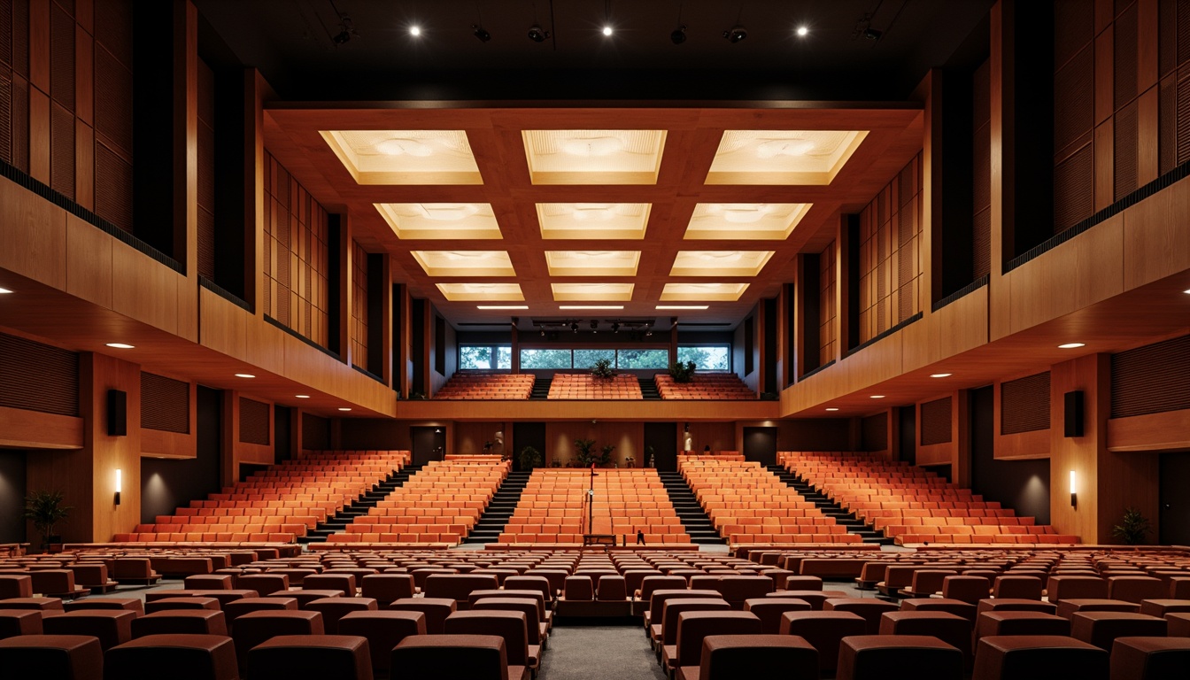 Prompt: Bauhaus-style auditorium, rectangular shape, clean lines, minimal ornamentation, functional layout, tiered seating, wooden accents, geometric patterns, bold color scheme, spotlights, diffused natural light, sound-absorbing materials, acoustic panels, echo-reducing design, immersive audio experience, 3/4 composition, low-angle shot, dramatic lighting, high-contrast colors, abstract textures, cinematic ambiance.