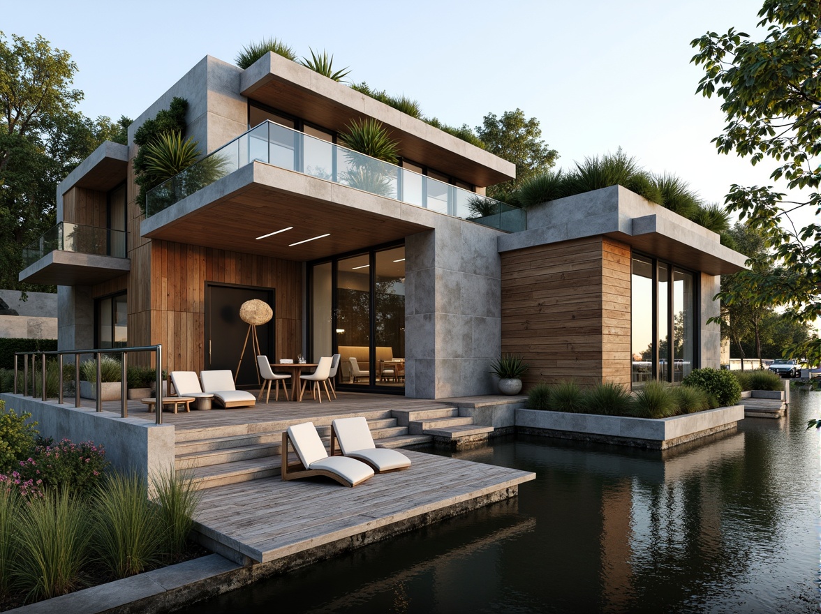 Prompt: Eco-friendly lakefront villa, natural stone walls, reclaimed wood accents, low-carbon concrete foundations, solar panels, green roofs, living walls, rainwater harvesting systems, recycled glass railings, FSC-certified wood decking, weathered steel cladding, minimalist design, large windows, sliding glass doors, soft warm lighting, 1/1 composition, panoramic view, realistic textures, ambient occlusion.