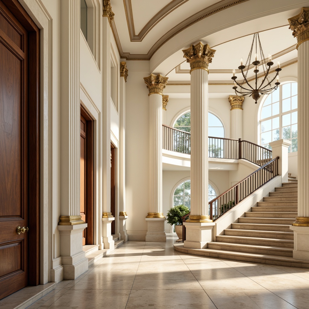 Prompt: Elegant neoclassical facade, soft ivory walls, ornate gold accents, rich marble columns, subtle cream molding, warm beige stone floors, refined dark wood doors, antique bronze hardware, stately grand staircase, luminous crystal chandeliers, majestic high ceilings, serene natural light, shallow depth of field, 1/2 composition, symmetrical framing, realistic textures, ambient occlusion.