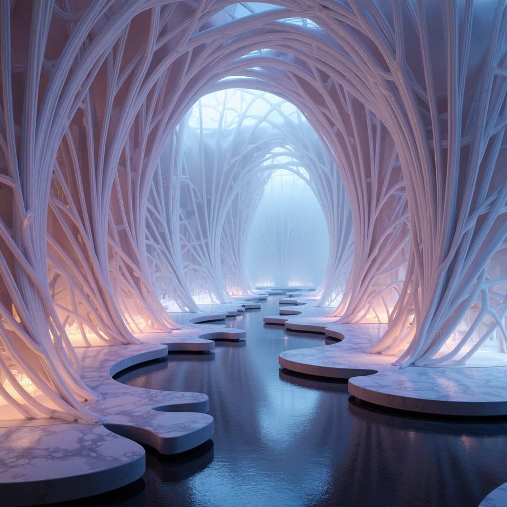 Prompt: Translucent polymer walls, iridescent fabric membranes, shimmering metallic accents, undulating blob-like forms, futuristic curves, sleek reflective surfaces, luminous LED lighting, misty atmospheric effects, soft focus blur, high-key contrast, shallow depth of field, 1/1 composition, realistic glossy reflections, ambient occlusion.