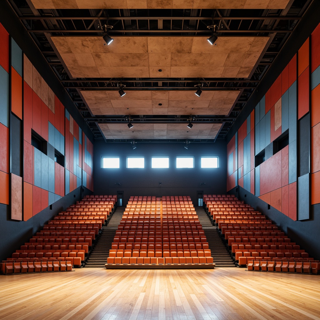 Prompt: Geometric auditorium, minimalist design, bold color blocking, angular lines, industrial materials, exposed ductwork, concrete walls, steel beams, wooden flooring, tiered seating, dramatic spotlights, futuristic lighting fixtures, state-of-the-art sound systems, acoustic panels, diffusers, absorbers, resonators, reverberation chambers, avant-garde performances, experimental music, immersive audio experiences, 360-degree surround sound, high-ceiling, open spaces, natural ventilation, abundant daylight, modernist architecture, functional aesthetics, harmonious proportions, dynamic acoustics, sonic innovations.