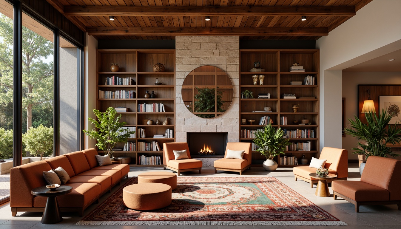 Prompt: Cozy reading nooks, wooden bookshelves, warm earthy tones, natural stone walls, rustic wooden accents, comfortable plush armchairs, soft warm lighting, rich wood paneling, regional cultural artifacts, vibrant local textiles, geometric patterned rugs, floor-to-ceiling windows, minimalist modern furniture, collaborative workspaces, quiet individual study areas, flexible shelving systems, eclectic artwork displays, soothing water features, lush greenery, organic shapes, 3/4 composition, shallow depth of field, realistic textures.