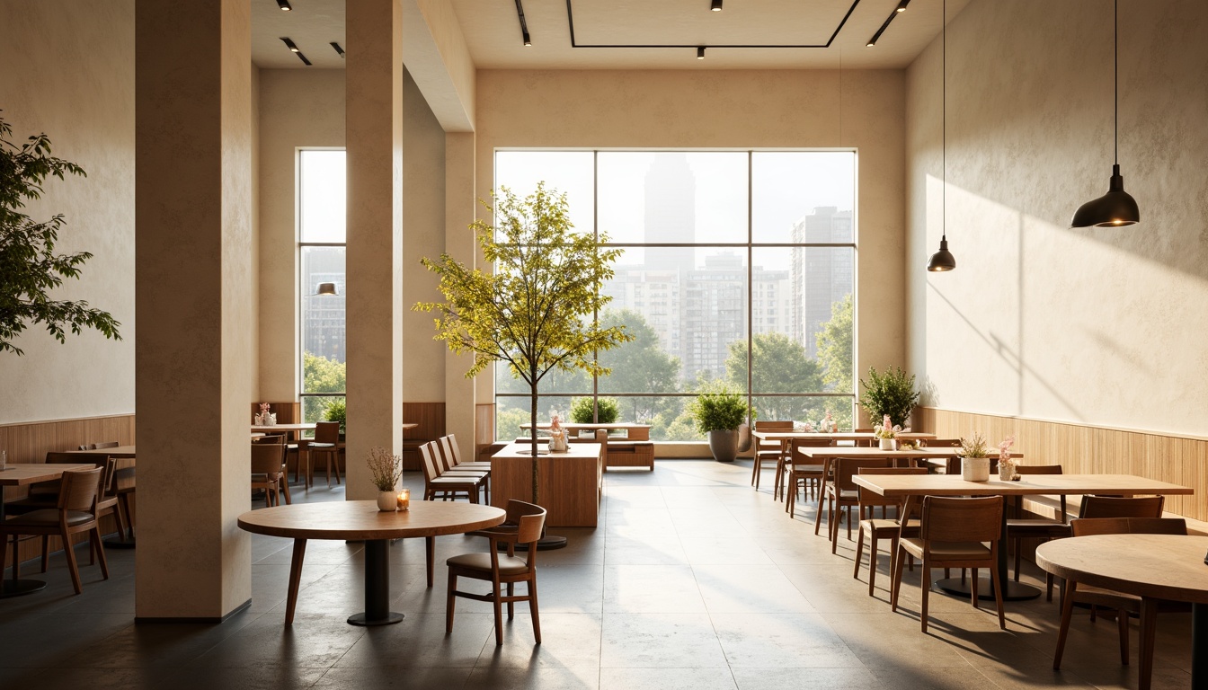 Prompt: Spacious dining hall, minimalist decor, open layout, sleek wooden tables, modern chairs, simple pendant lights, cream-colored walls, polished concrete floors, large windows, abundant natural light, subtle shadows, soft warm glow, 1/1 composition, shallow depth of field, realistic textures, ambient occlusion.