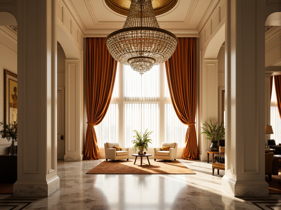 Prompt: Grand neoclassical chandelier, ornate metalwork, crystal droplets, warm golden lighting, luxurious velvet drapes, marble floors, intricate moldings, high ceilings, symmetrical composition, softbox lighting, 1/1 aspect ratio, creamy white walls, elegant furniture, subtle shadowing, ambient occlusion, realistic textures, warm color palette, afternoon sunlight, gentle glow, sophisticated ambiance.