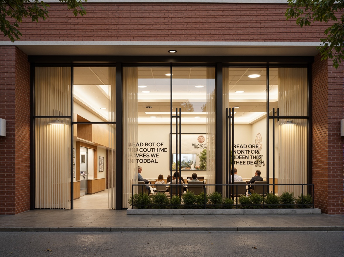 Prompt: Suburban school building, brick facade, large windows, soft natural light, gentle curtains, warm beige tones, educational decor, inspirational quotes, wooden blinds, subtle patterns, earthy textures, serene atmosphere, shallow depth of field, 3/4 composition, realistic renderings, ambient occlusion.