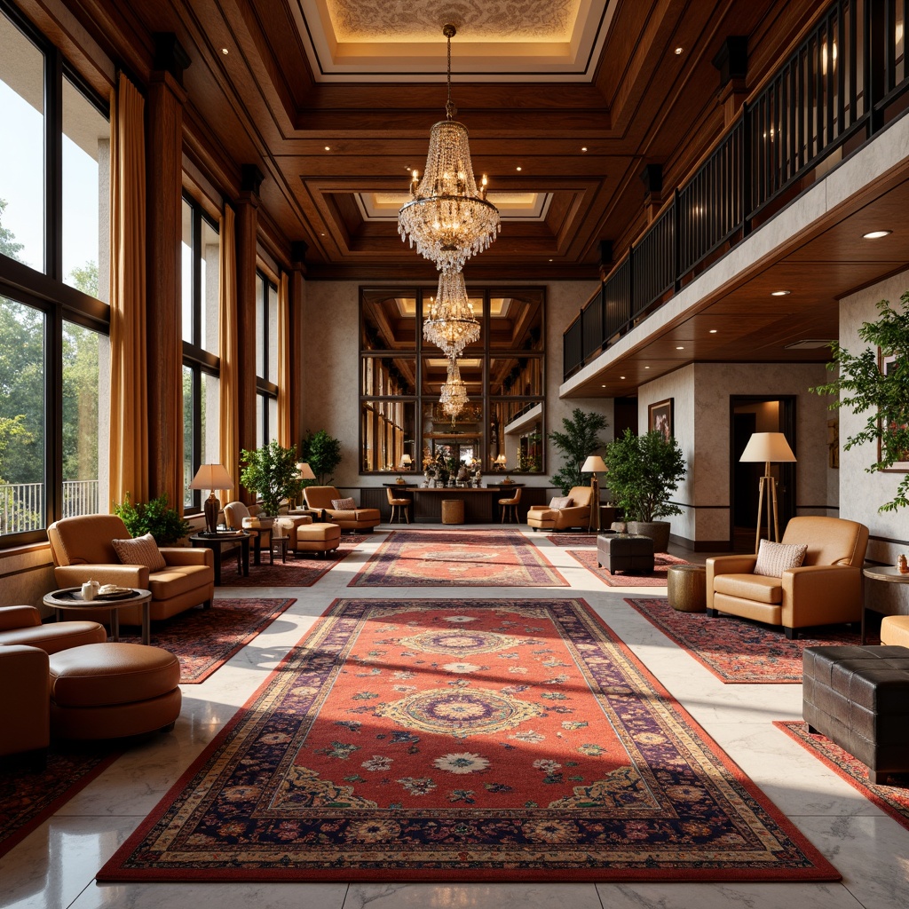 Prompt: Richly patterned carpets, warm wood accents, luxurious marble floors, elegant chandeliers, tall ceilings, grand windows, soft diffused lighting, cozy seating areas, ornate mirrors, lavish furnishings, vibrant artwork, rustic stone walls, refined metal fixtures, sophisticated color schemes, harmonious spatial layout, 1/2 composition, shallow depth of field, warm atmospheric ambiance.