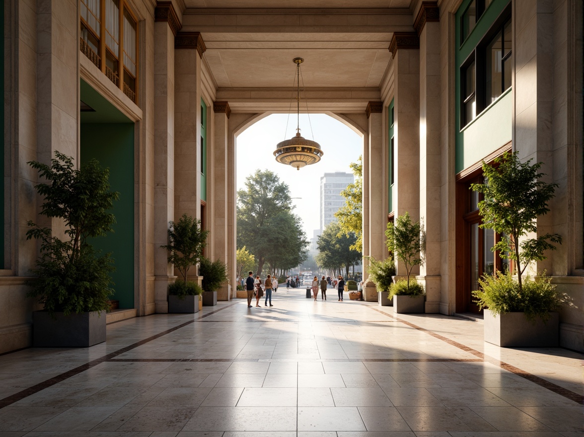 Prompt: Grand entrance, symmetrical composition, elegant columns, ornate details, luxurious materials, marble floors, glass doors, bronze hardware, modern minimalist style, sleek lines, neutral color palette, natural stone cladding, green walls, vibrant flower arrangements, urban cityscape, busy street scene, morning sunlight, soft warm glow, shallow depth of field, 3/4 composition, panoramic view, realistic textures, ambient occlusion.