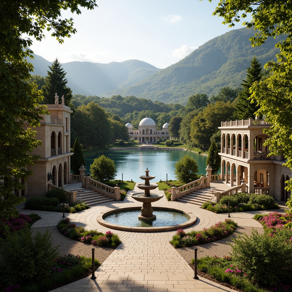 Prompt: Symmetrical fountain, grand staircase, ornate balustrades, lush greenery, vibrant flowers, majestic trees, rolling hills, serene lake, classical architecture, Corinthian columns, arches, domes, marble statues, intricate stone carvings, soft warm lighting, shallow depth of field, 3/4 composition, panoramic view, realistic textures, ambient occlusion, harmonious color palette, natural stone pathways, decorative metal railings.