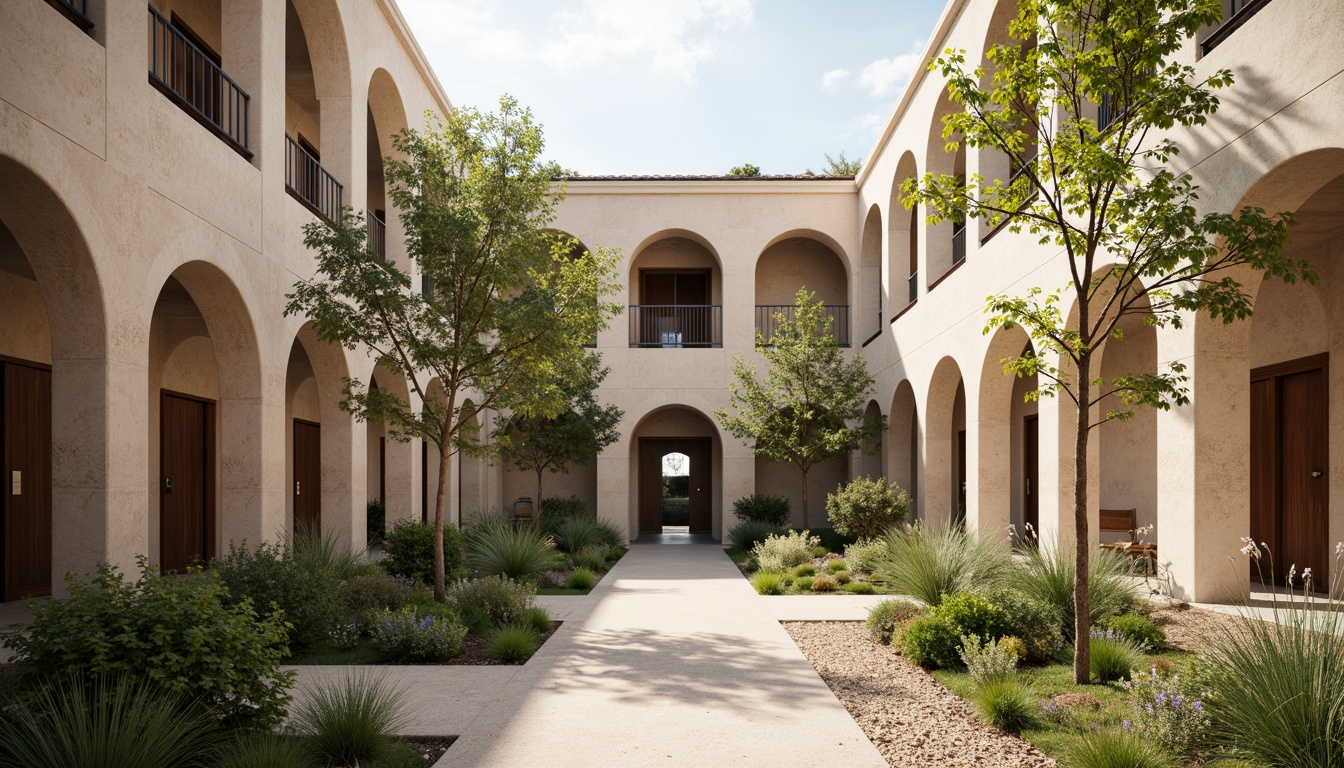 Prompt: Simple monastery courtyard, sparse greenery, rough stone walls, minimalist arches, clean lines, industrial materials, exposed pipes, monastic cells, wooden accents, rustic doors, narrow corridors, vaulted ceilings, soft natural light, warm beige tones, subtle textures, 1/1 composition, symmetrical view, realistic shadows, ambient lighting.