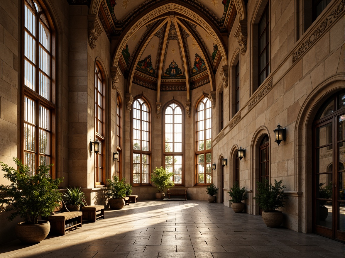 Prompt: Rustic stone walls, ornate carvings, grand archways, vaulted ceilings, stained glass windows, intricate mosaics, weathered bronze accents, distressed wooden doors, faded frescoes, ornamental columns, majestic domes, warm golden lighting, soft focus, 1/1 composition, atmospheric perspective, realistic shadows.