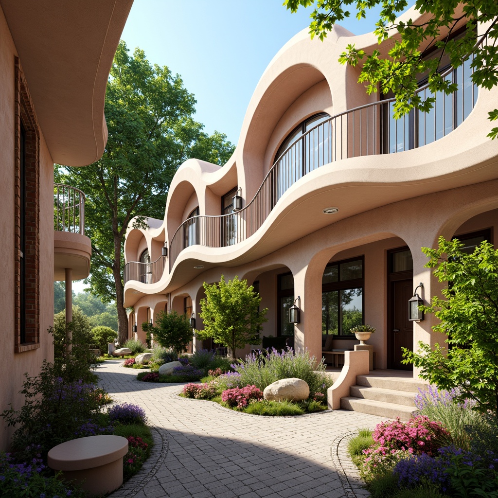 Prompt: Whimsical Art Nouveau social housing, flowing organic lines, ornate ironwork, pastel color palette, lush greenery, vibrant flowers, meandering walkways, natural stone pathways, sinuous benches, decorative lanterns, intricate mosaics, stained glass windows, grand entrance arches, symmetrical fa\u00e7ades, soft warm lighting, shallow depth of field, 3/4 composition, panoramic view, realistic textures, ambient occlusion.