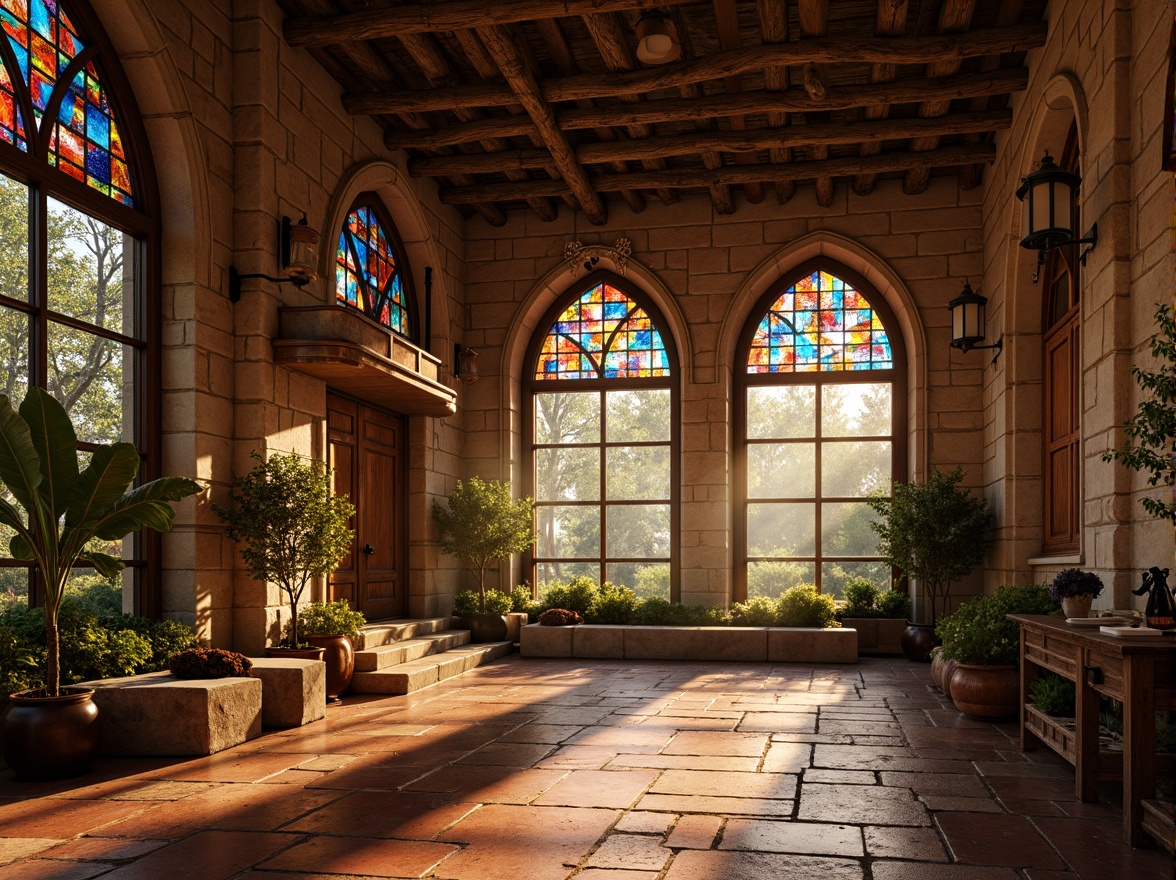 Prompt: Warm earthy tones, rustic stone walls, weathered copper accents, moss-covered roofs, grandiose archways, ornate carvings, vibrant stained glass windows, rich tapestries, medieval-inspired patterns, warm golden lighting, soft misty atmosphere, natural stone flooring, terracotta tiles, distressed wooden beams, classic symmetrical composition, dramatic chiaroscuro, subtle texture overlay.