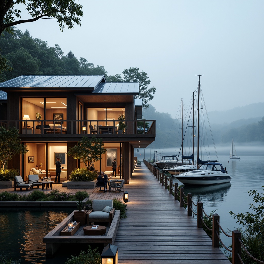 Prompt: Luxurious boathouse, waterfront promenade, tranquil lake views, wooden dock, sailboats, yachts, nautical decorations, rope railings, weathered wood textures, corrugated metal roofs, large windows, sliding glass doors, cozy interior spaces, plush furnishings, warm lighting, morning mist, soft focus, 1/2 composition, atmospheric perspective, realistic water reflections.