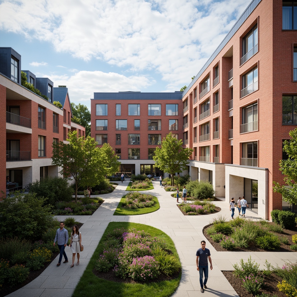 Prompt: Vibrant university campus, modern international style architecture, bold red brick buildings, sleek glass facades, neutral beige stone walls, rich wood accents, dynamic blue roofs, verdant greenery, blooming flowers, lush trees, open plaza spaces, pedestrian walkways, urban landscape, cloudy sky, soft natural lighting, shallow depth of field, 1/2 composition, realistic textures, ambient occlusion.