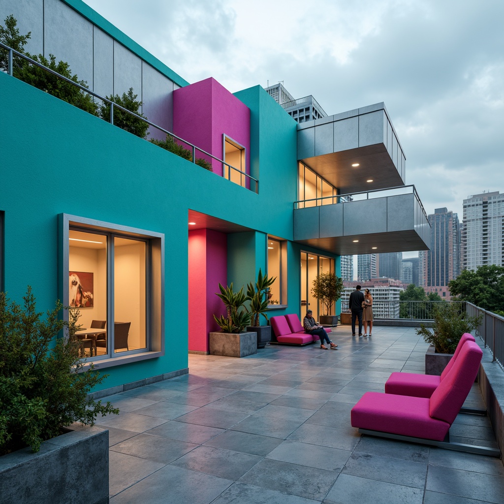 Prompt: Deconstructivist penthouse, irregular shapes, fragmented structures, bold color contrasts, vibrant turquoise walls, neon pink accents, metallic silver surfaces, polished concrete floors, industrial-style windows, asymmetrical compositions, dynamic lighting effects, dramatic shadows, urban cityscape views, cloudy grey skies, misty atmosphere, high-angle shots, 1/2 composition, cinematic mood, realistic reflections, advanced normal mapping.