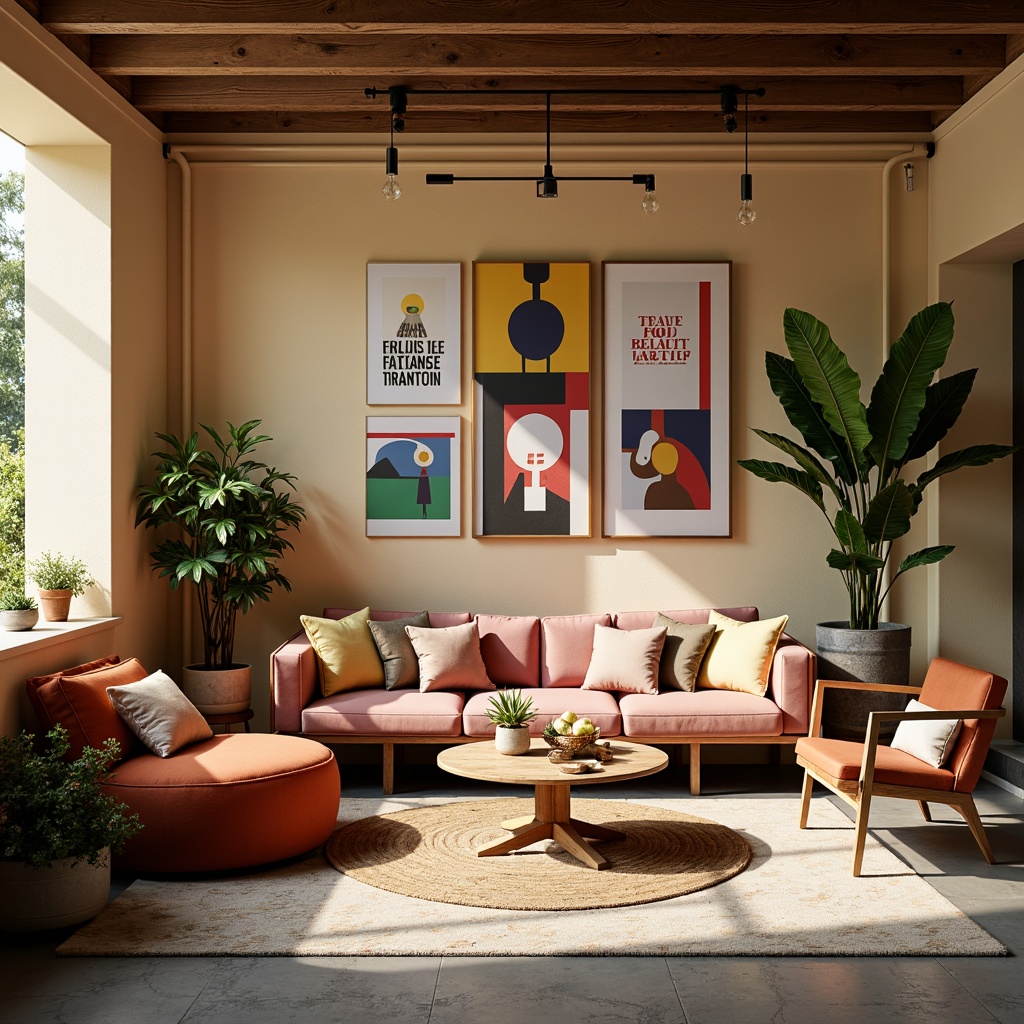 Prompt: Vibrant art studio, eclectic furniture, abstract artwork, warm beige walls, rich wood accents, bold typography, contrasting color blocks, pastel hues, metallic finishes, sleek modern lighting, dramatic shadows, atmospheric ambiance, soft focus, 2/3 composition, cinematic mood, realistic textures.