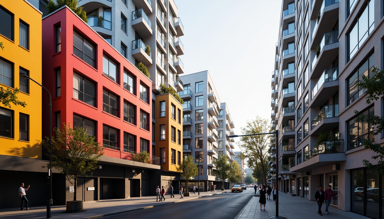 Prompt: Vibrant modern buildings, bold color schemes, contrasting textures, sleek glass facades, minimalist design, urban cityscape, morning sunlight, soft warm lighting, shallow depth of field, 3/4 composition, panoramic view, realistic reflections, ambient occlusion.