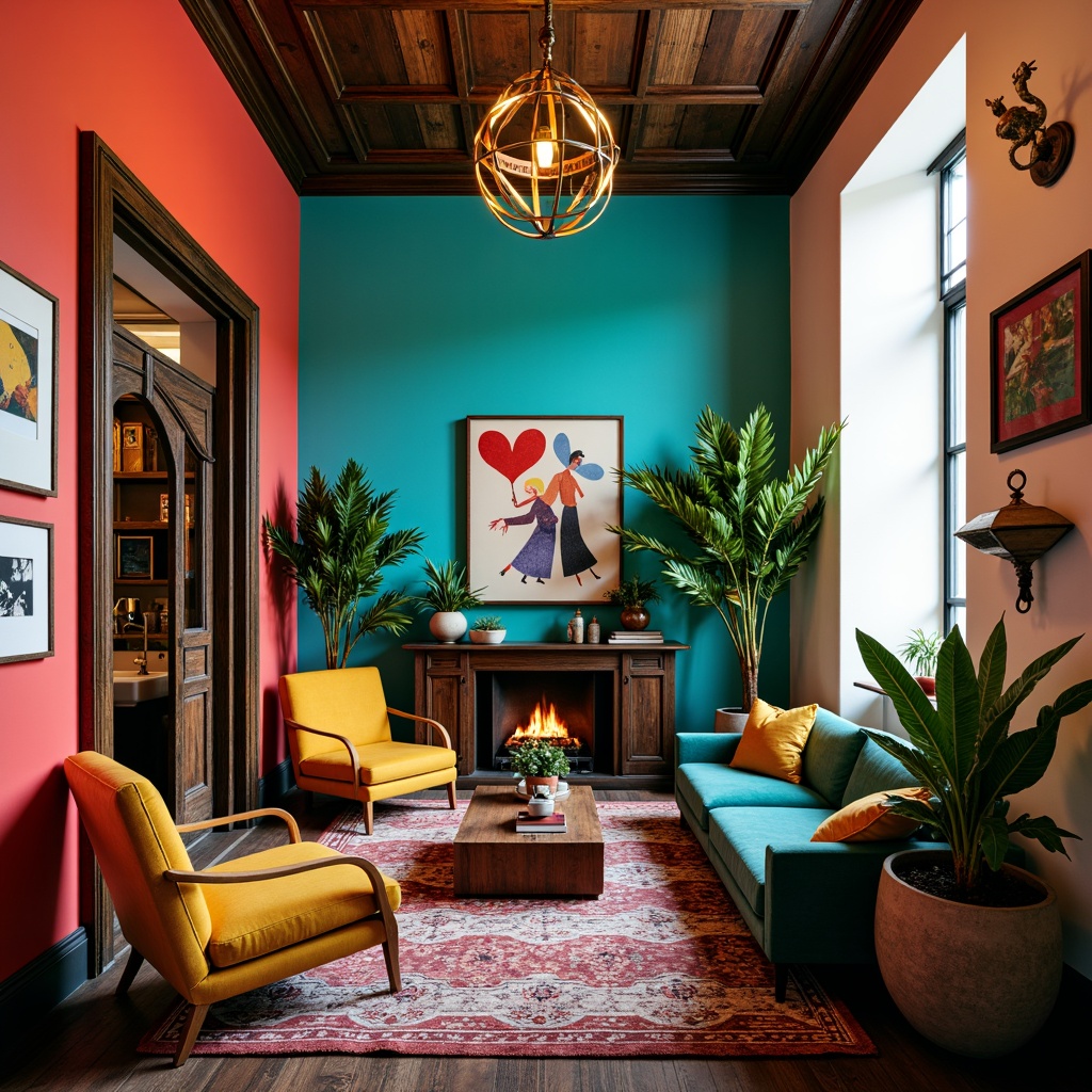 Prompt: Vibrant eclectic interior, bold colorful walls, rich turquoise accents, warm golden lighting, distressed wooden furniture, plush velvet upholstery, ornate metal fixtures, whimsical patterned rugs, lush greenery, abstract artwork, unconventional decorative objects, mix-and-match vintage items, statement pieces, layered textiles, playful contrasting colors, soft focus, shallow depth of field, 1/2 composition, artistic bokeh.