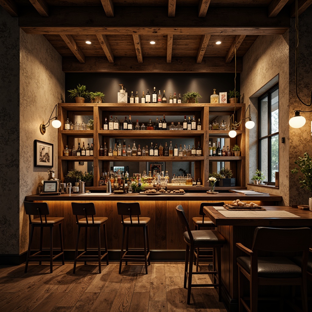 Prompt: Rustic wooden bars, distressed metal accents, rich leathers, vintage industrial lighting, ornate brass fixtures, worn stone walls, eclectic decor, classic cocktails, sophisticated ambiance, warm earthy tones, moody atmospheric lighting, 1/1 composition, shallow depth of field, realistic textures, ambient occlusion.