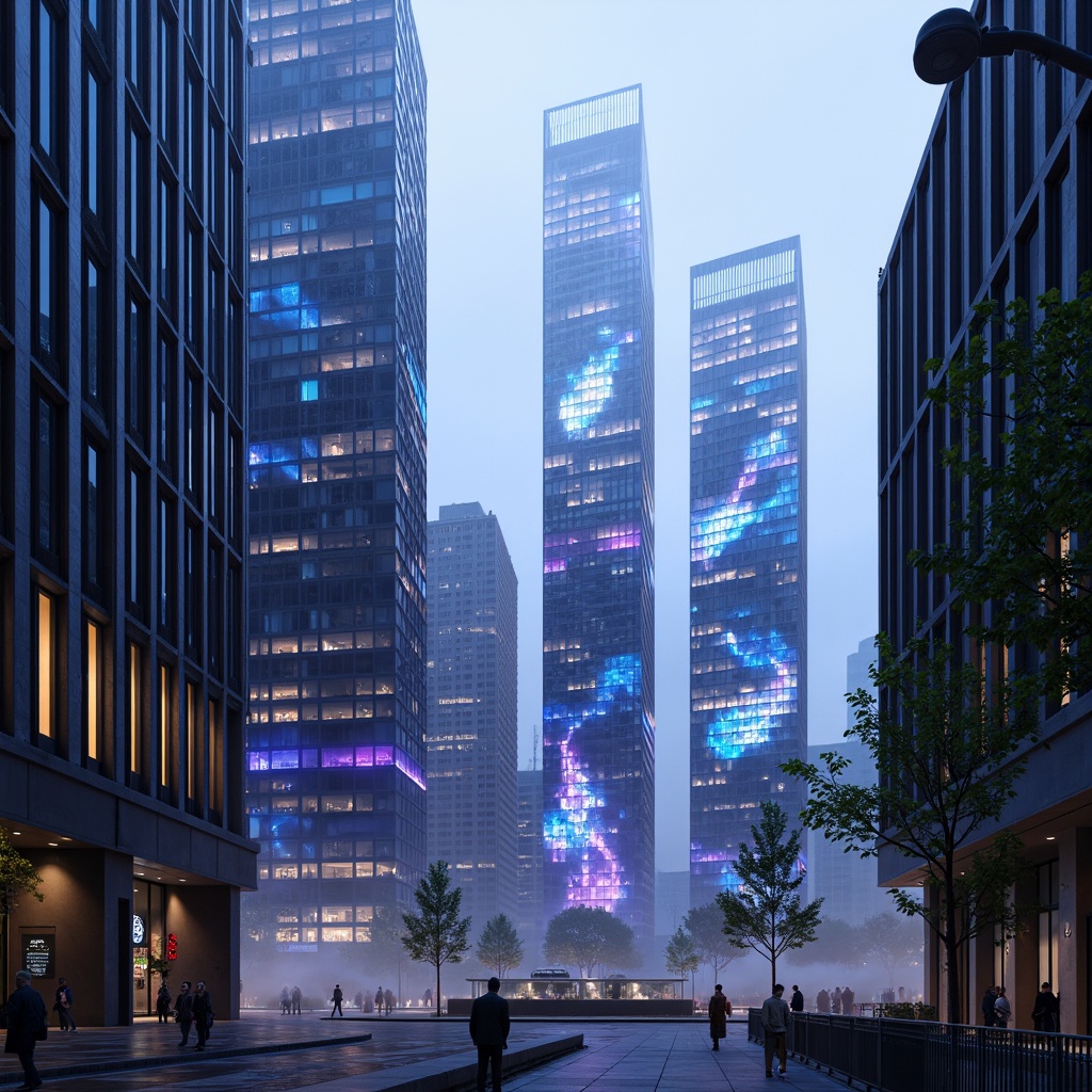 Prompt: Futuristic cityscape, neon-lit skyscrapers, metallic surfaces, iridescent hues, electric blue accents, luminescent whites, deep purples, glossy black glass, holographic displays, LED light installations, atmospheric mist, foggy ambiance, 3/4 composition, symmetrical architecture, sleek lines, minimalist decor, ambient occlusion, high-tech materials, futuristic transportation systems.