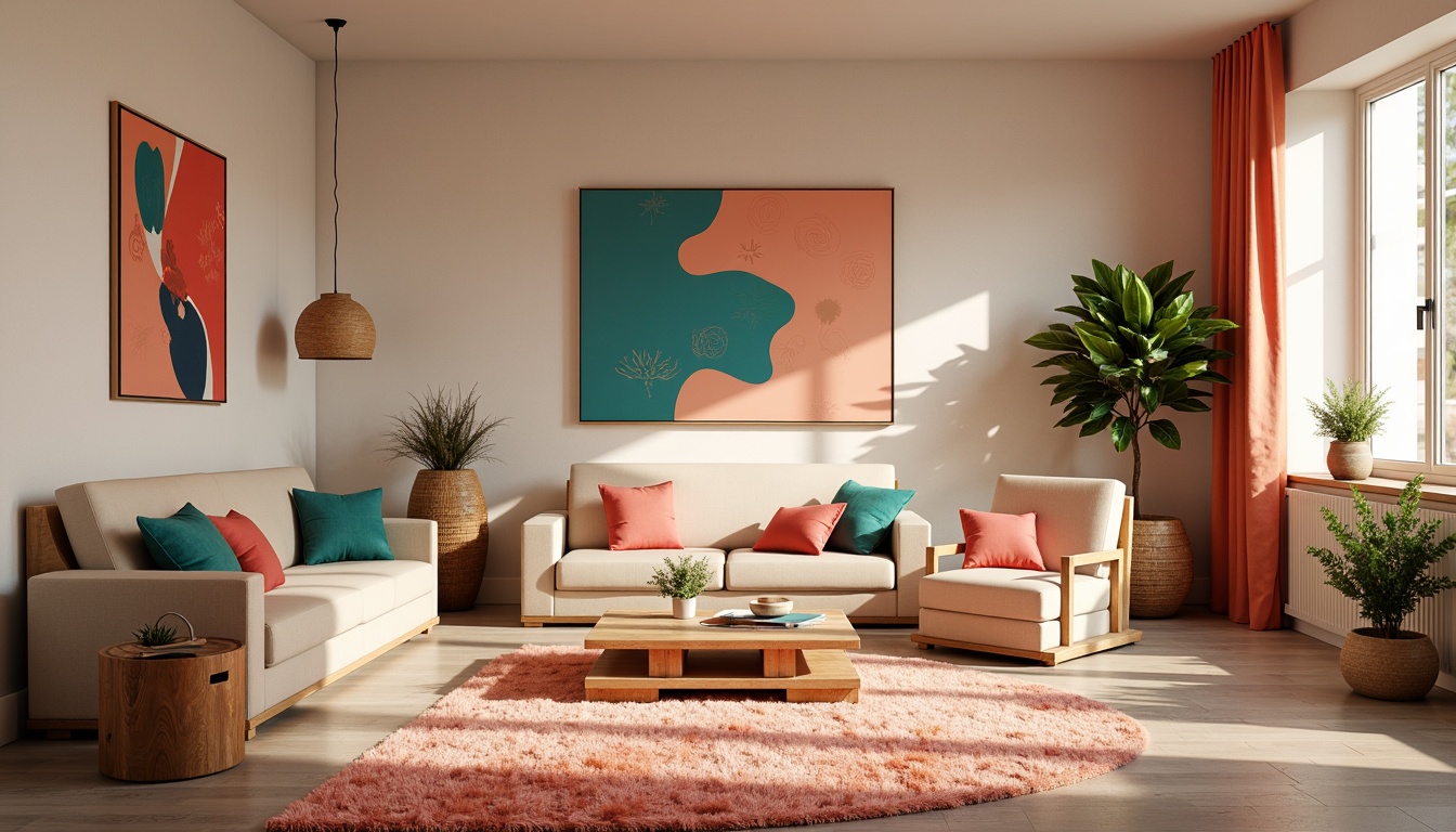 Prompt: Vibrant artistic studio, eclectic furniture, abstract artwork, natural wood accents, plush rugs, modern minimalism, pastel color scheme, soft peach tones, rich turquoise hues, creamy whites, bold coral accents, warm golden lighting, atmospheric shading, subtle texture overlays, cinematic composition, 2.5D rendering, stylized realism, immersive environment.