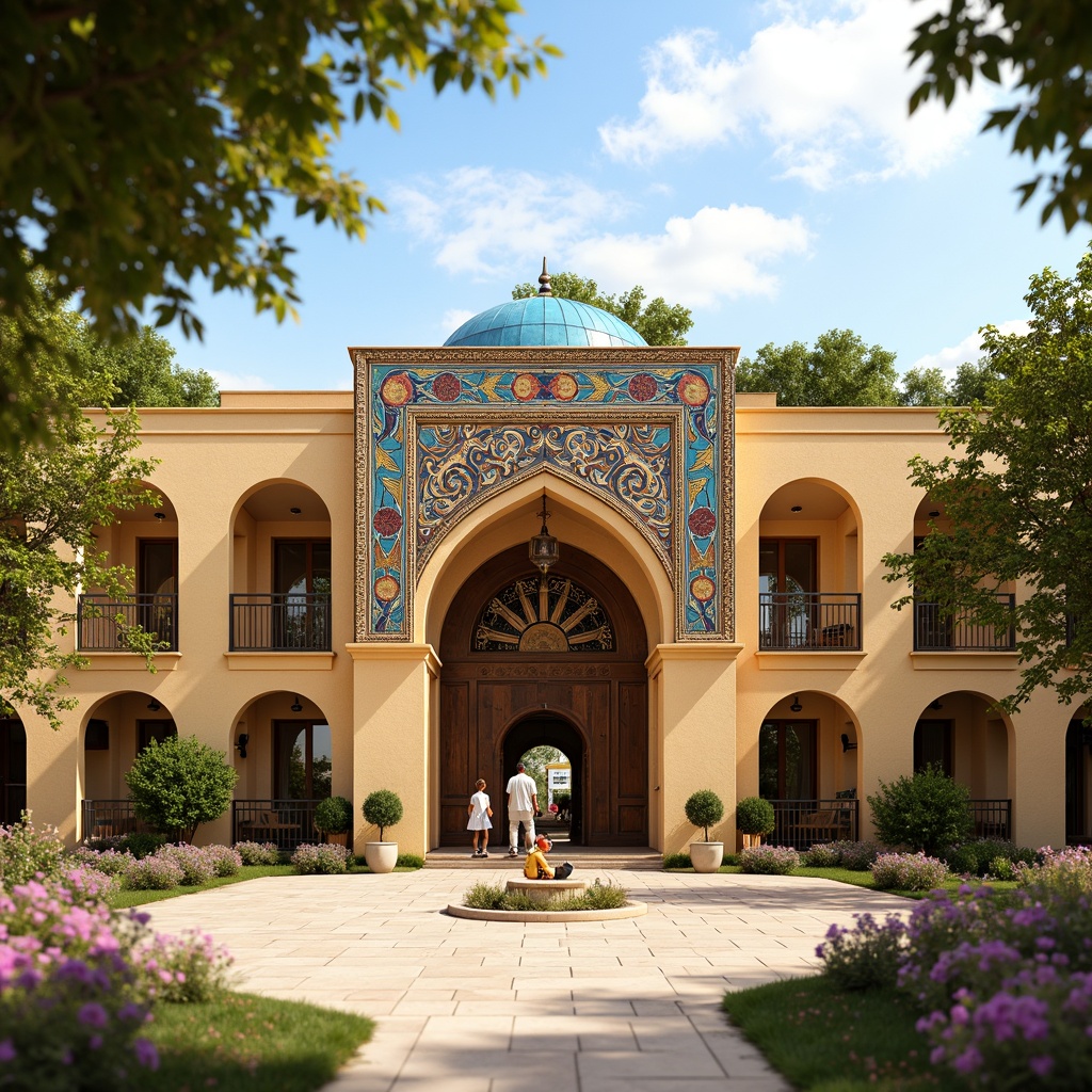 Prompt: Byzantine kindergarten facade, warm golden stone walls, ornate arches, vibrant colorful mosaics, intricate geometric patterns, rounded domes, grand entrance gates, playful kid-friendly sculptures, ornamental metalwork, lush greenery, blooming flowers, sunny day, soft warm lighting, shallow depth of field, 3/4 composition, panoramic view, realistic textures, ambient occlusion.