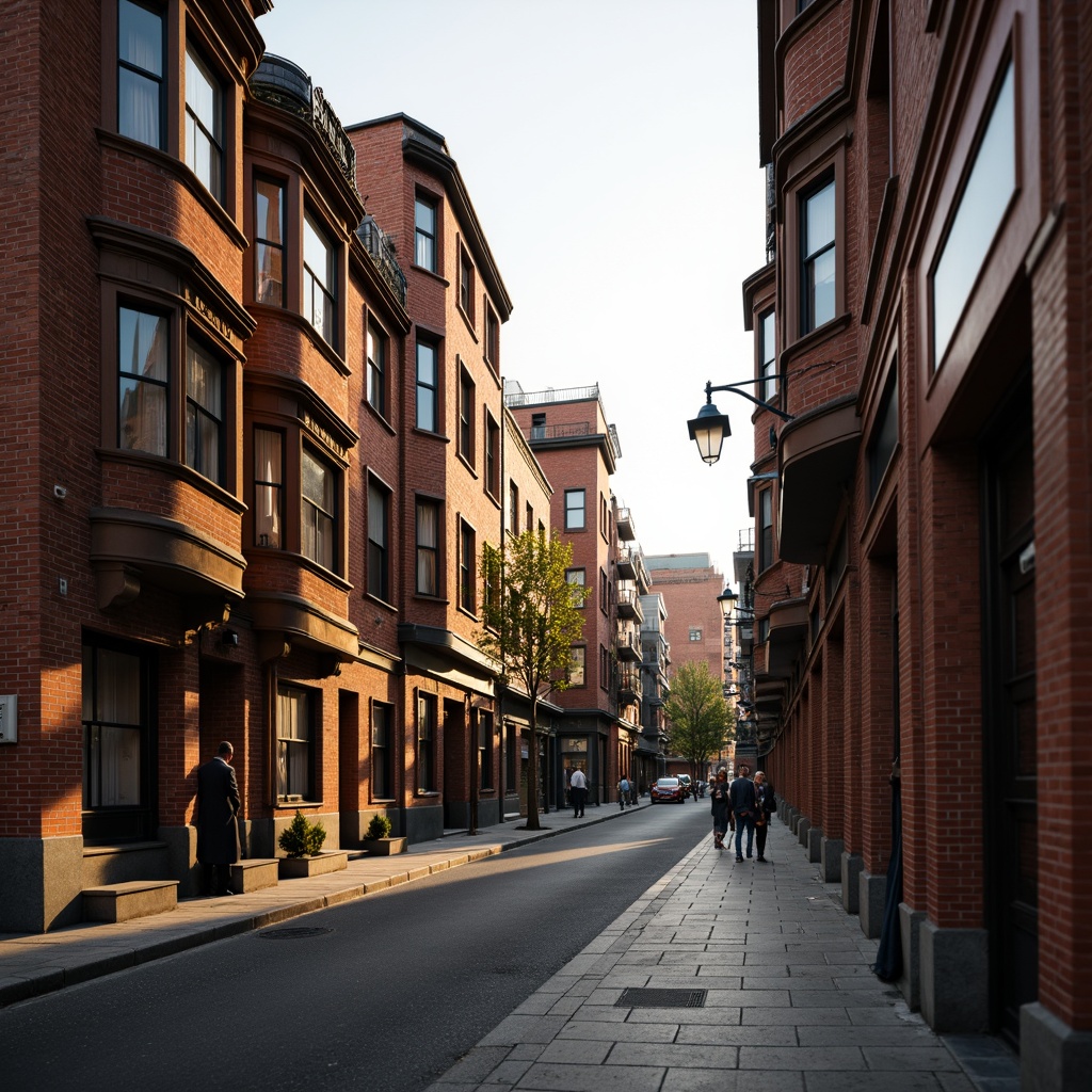 Prompt: Historic urban streetscape, ornate brick facades, traditional architectural styles, classic building materials, textured red brick walls, rustic stone foundations, intricate window frames, decorative cornices, ornamental roof tiling, vintage street lamps, bustling city atmosphere, warm golden lighting, shallow depth of field, 1/2 composition, realistic textures, ambient occlusion.