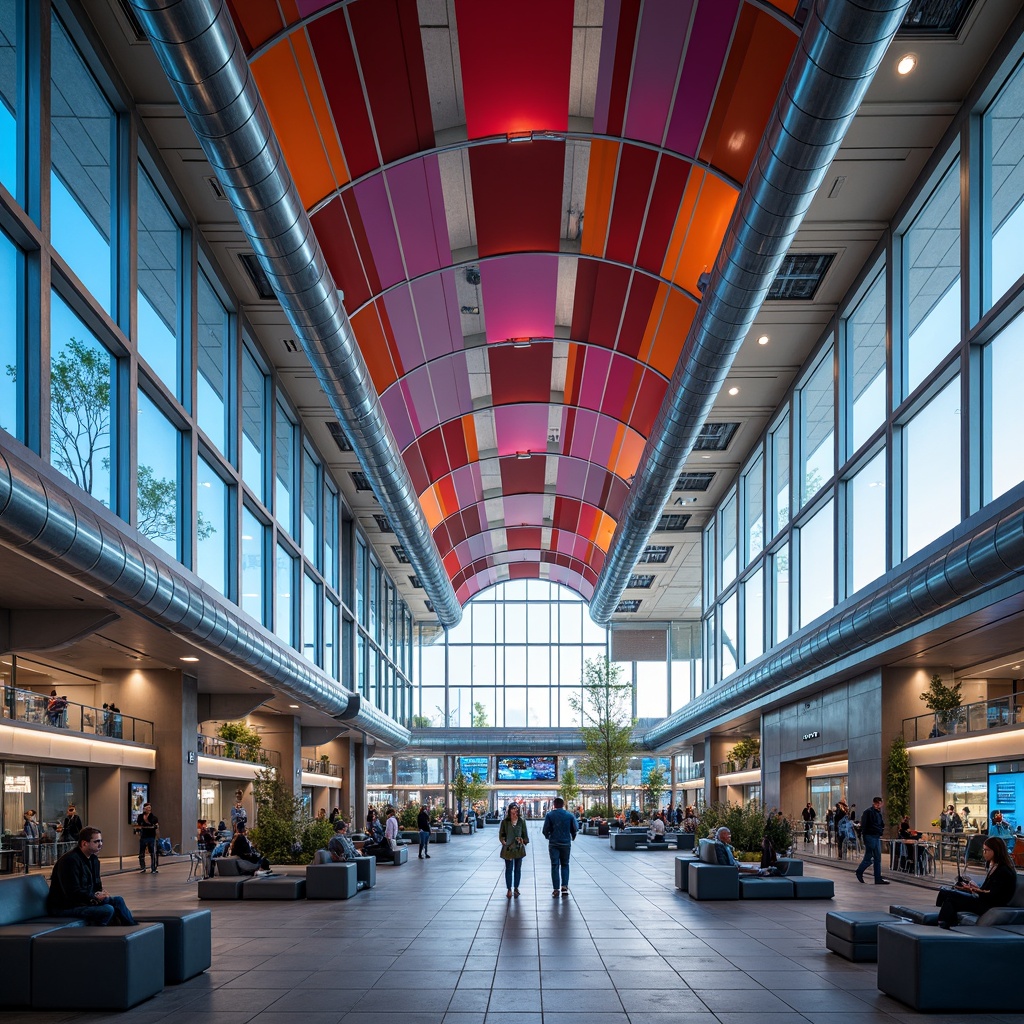 Prompt: Vibrant airport terminal, futuristic curves, dynamic lighting, polished steel beams, exposed ductwork, sleek glass railings, bold color schemes, geometric patterns, abstract sculptures, minimalist seating areas, spacious high ceilings, airy openness, natural stone flooring, metallic accents, LED light installations, 1/1 composition, shallow depth of field, panoramic view, realistic textures, ambient occlusion.