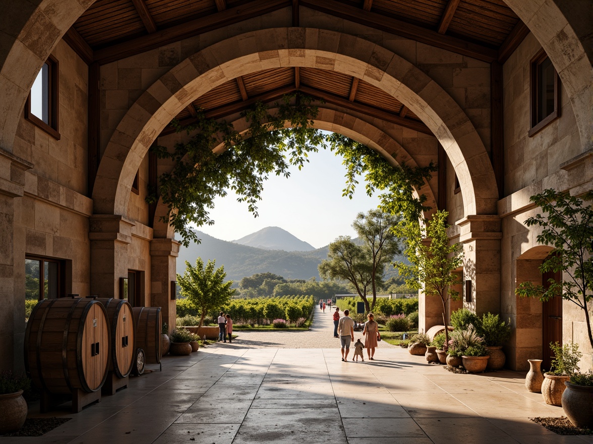 Prompt: Rustic winery, vineyard surroundings, earthy tones, wooden accents, stone walls, curved arches, metal roofing, weathered finishes, natural ventilation, abundant daylight, warm ambient lighting, soft focus, shallow depth of field, 1/2 composition, rustic textures, atmospheric perspective.