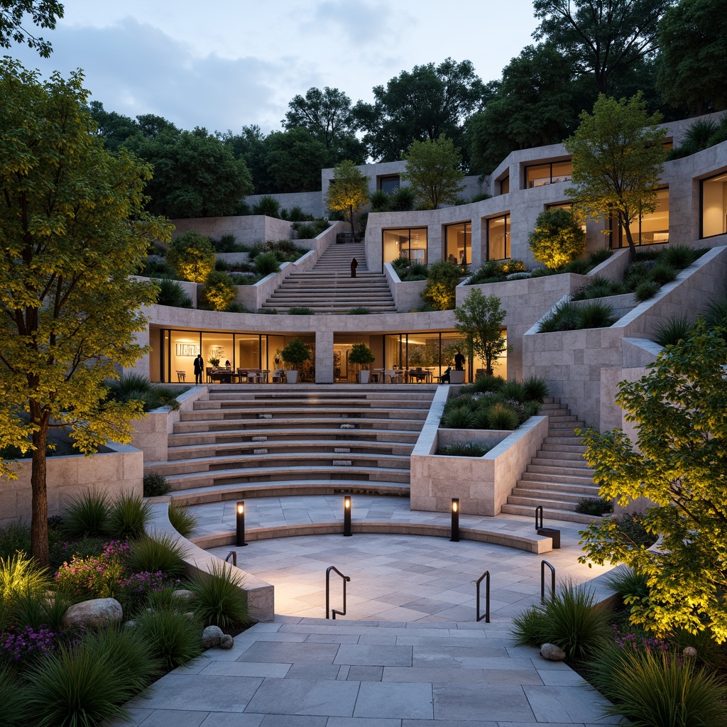 Prompt: Natural stone amphitheater, tiered seating arrangement, gentle slope, lush greenery surroundings, vibrant flowers, wooden benches, comfortable cushioning, stainless steel handrails, modern architecture, grand entrance, sweeping staircases, dramatic spotlights, warm ambient lighting, shallow depth of field, 3/4 composition, panoramic view, realistic textures, ambient occlusion.