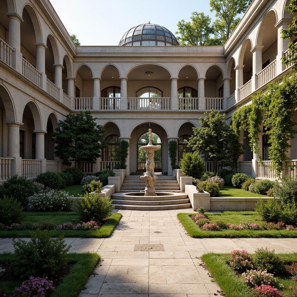 Prompt: Symmetrical gardens, ornate fountains, grand staircases, majestic columns, archaic statues, rustic stone walls, manicured lawns, blooming flowerbeds, serene water features, elegant balustrades, classic domes, symmetrical fa\u00e7ades, harmonious proportions, warm natural lighting, soft shadows, atmospheric depth of field, 2/3 composition, subtle textures, nuanced color palette, realistic rendering.