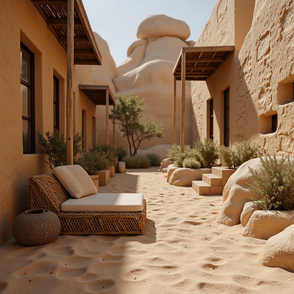 Prompt: Warm desert landscape, sandy dunes, khaki-colored fabric textures, rough stone walls, natural rock formations, earthy tone color palette, rustic wooden accents, woven basket patterns, vintage military-inspired accessories, distressed leather details, weathered metal surfaces, soft warm lighting, shallow depth of field, 1/2 composition, realistic ambient occlusion.