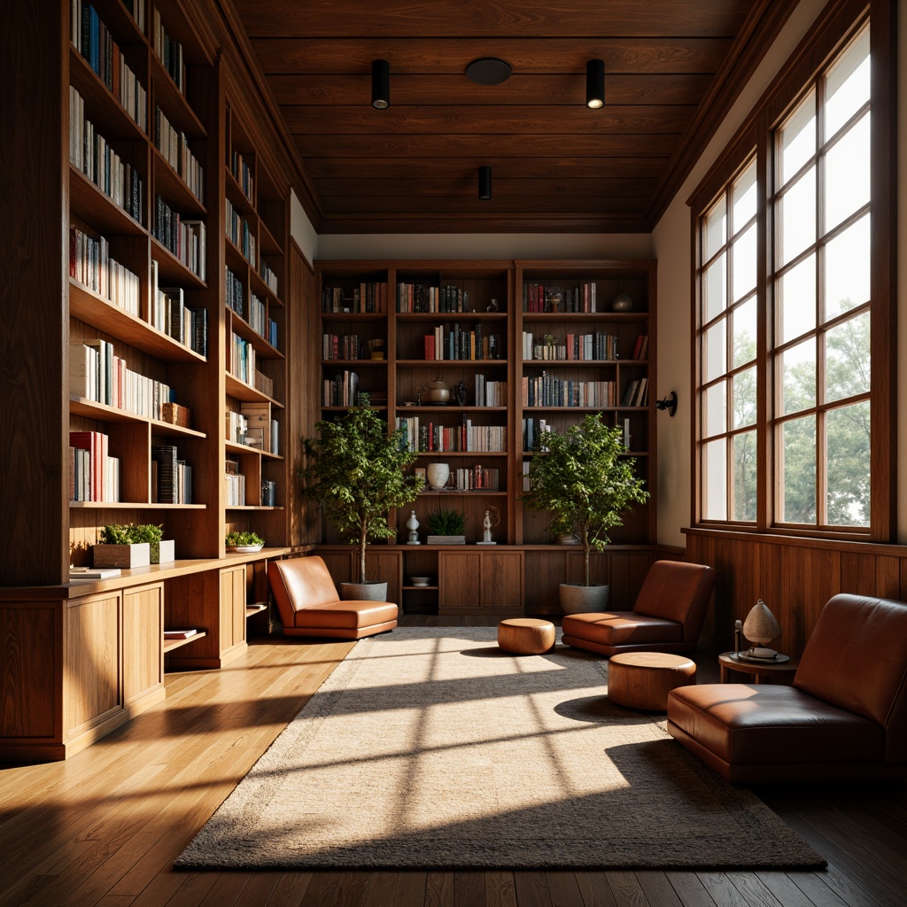 Prompt: Cozy library interior, warm natural lighting, floor-to-ceiling windows, wooden shelves, leather-bound books, reading nooks, comfortable seating areas, minimalist decor, subtle color palette, soft warm tones, gentle shadows, 1/1 composition, realistic textures, ambient occlusion, warm afternoon sunlight, indirect illumination, diffused light, peaceful atmosphere.