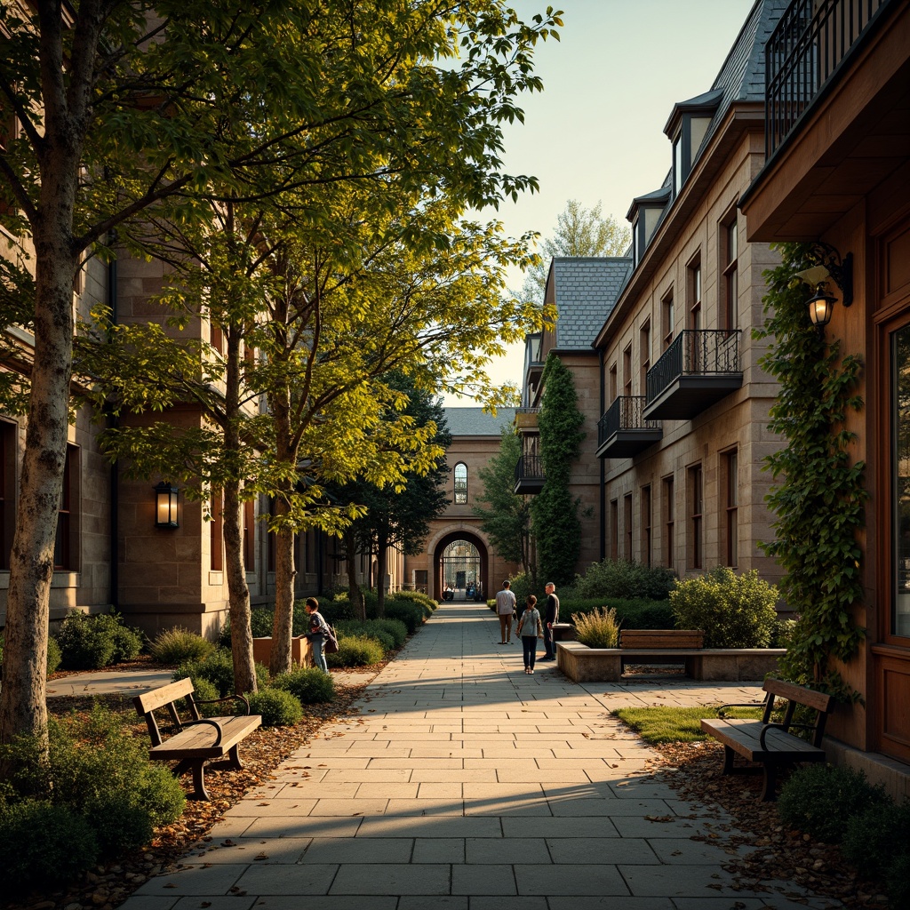 Prompt: Rustic university campus, aged stone walls, ivy-covered buildings, majestic trees, winding paths, weathered benches, lantern-style streetlights, ornate metal gates, traditional academic architecture, symmetrical facades, grand entrance halls, high ceilings, wooden accents, rich leather furniture, warm golden lighting, soft focus blur, shallow depth of field, 2/3 composition, atmospheric perspective, realistic textures, subtle ambient occlusion.