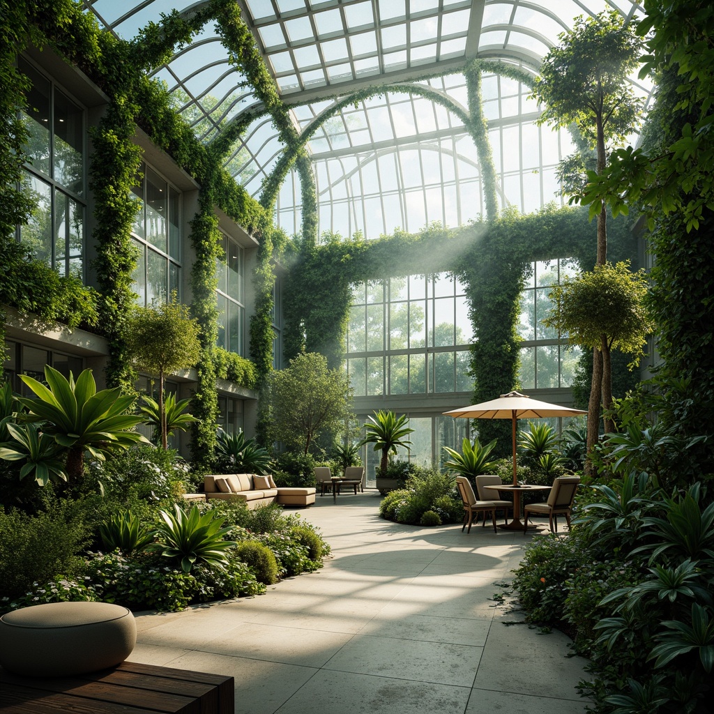 Prompt: Biodiverse greenhouse, lush tropical plants, misty atmosphere, natural ventilation systems, sustainable materials, recycled glass walls, living roofs, green fa\u00e7ades, organic shapes, curvaceous lines, futuristic architecture, ambient lighting, soft shadows, shallow depth of field, 3/4 composition, panoramic view, realistic textures, ambient occlusion, eco-friendly furniture, reclaimed wood accents, natural fabrics, earthy color palette, serene ambiance, warm sunny day, gentle breeze.