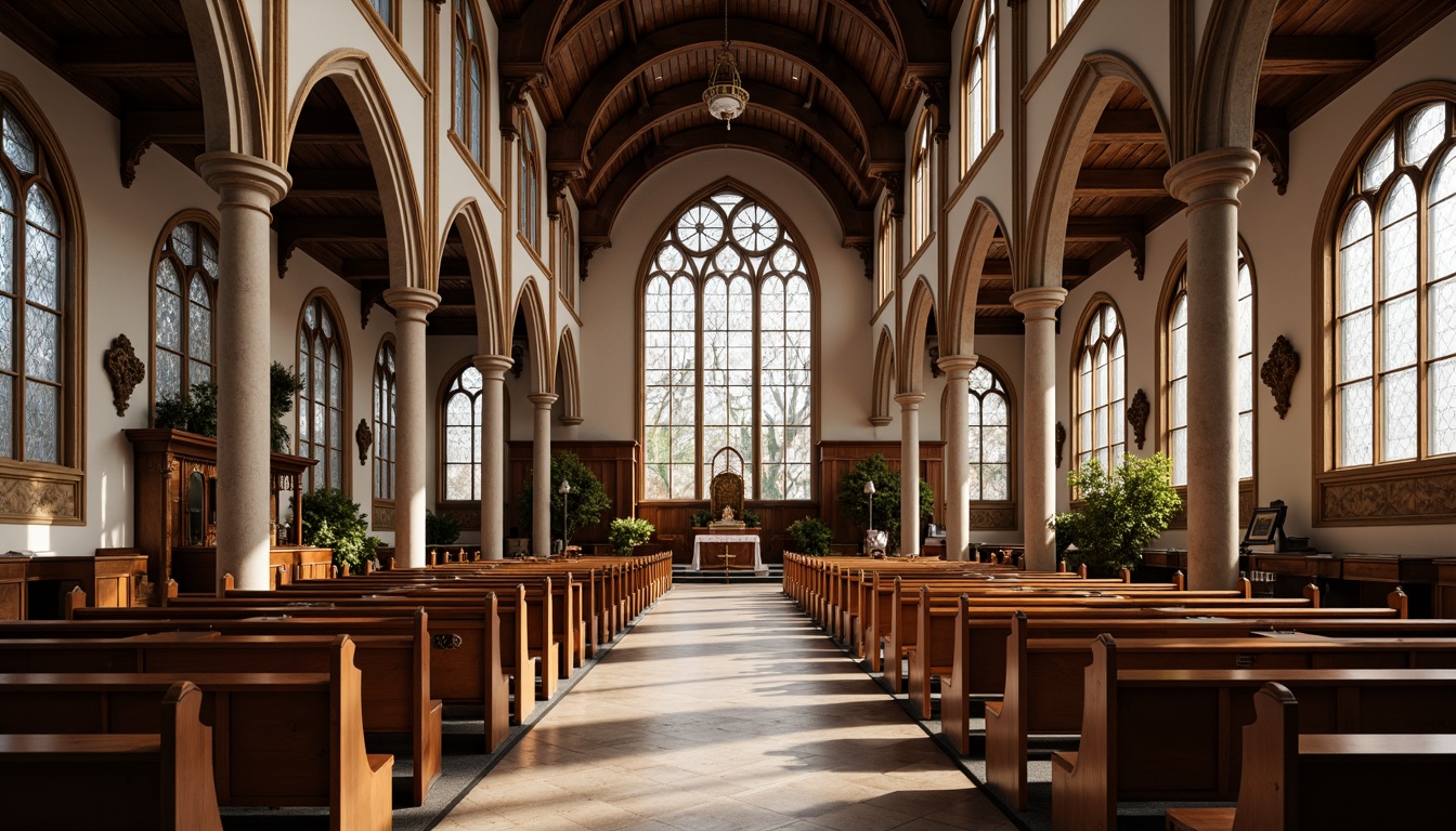 Prompt: Elegant church interior, ornate pews, stunning stained glass windows, vaulted ceilings, reverberant spaces, subtle sound absorption, optimized speaker placement, warm natural lighting, refined wood tones, intricate carvings, serene ambiance, peaceful atmosphere, subtle echo reduction, clear vocal clarity, immersive worship experience, 3/4 composition, soft focus, shallow depth of field.