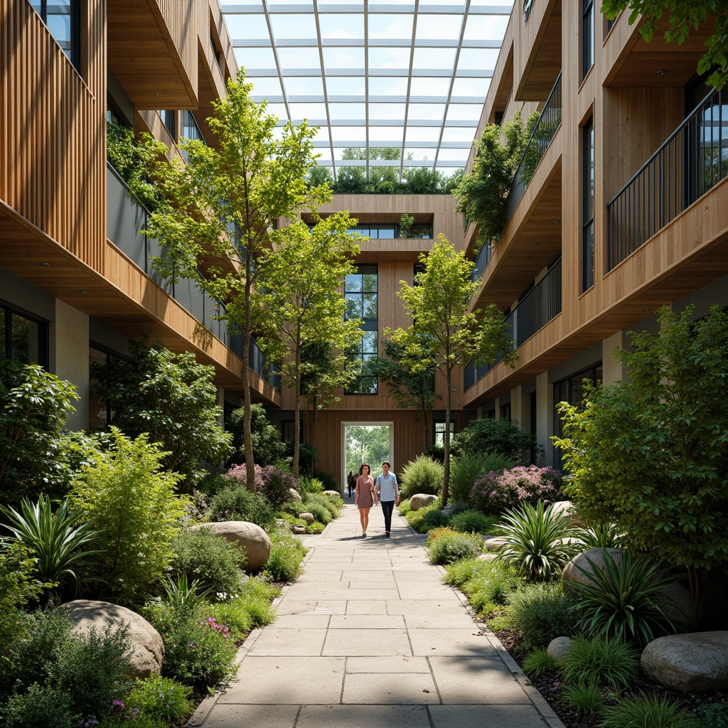 Prompt: Natural light-filled atrium, lush green walls, reclaimed wood accents, living roofs, verdant courtyards, organic shapes, earthy tones, natural stone floors, biometric patterns, ventilation systems, air purification technologies, eco-friendly materials, minimalist decor, abundance of plants, water features, gentle breezes, warm ambiance, shallow depth of field, 1/1 composition, softbox lighting, realistic textures.