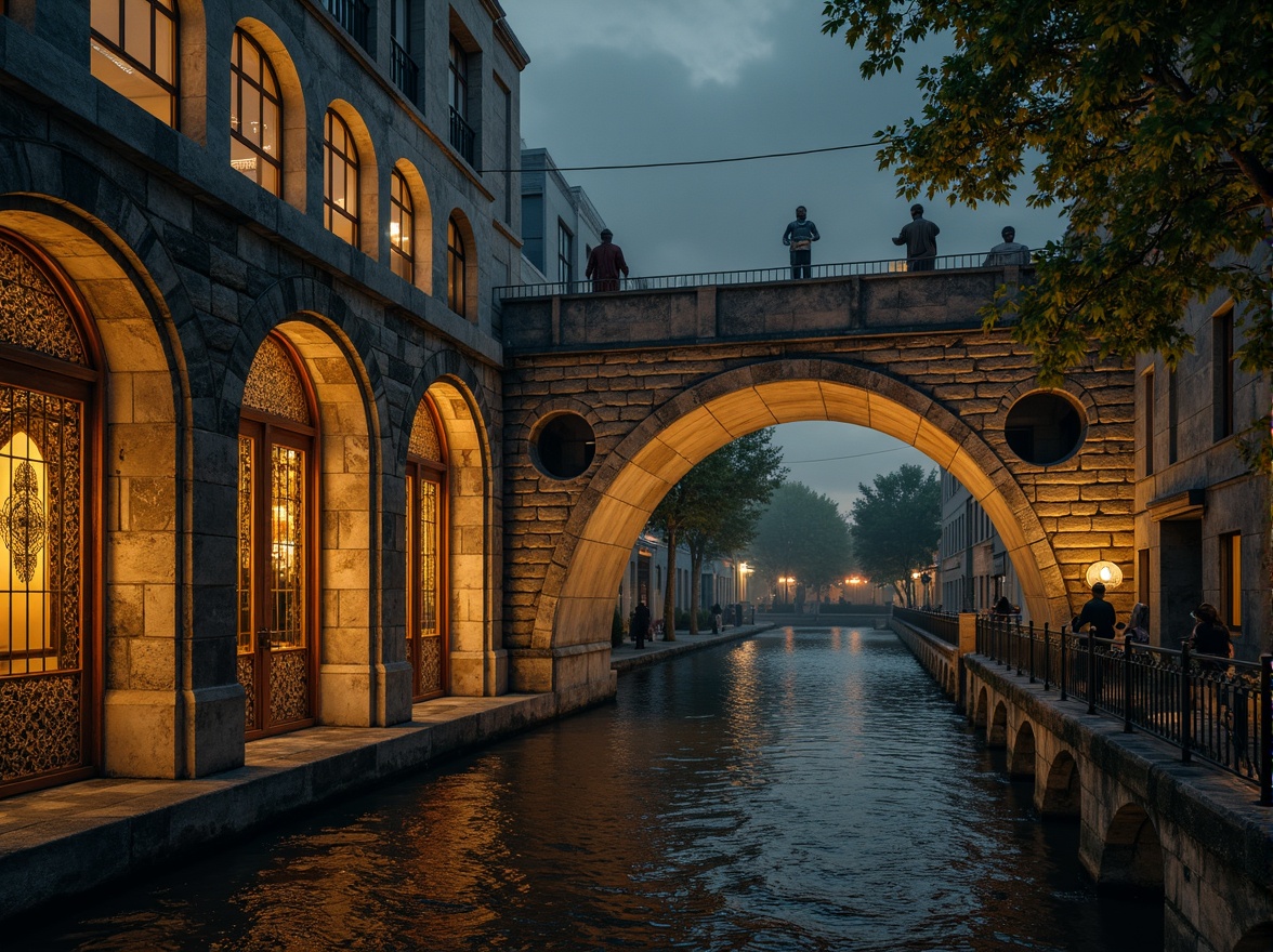 Prompt: Ancient stone bridges, ornate Byzantine arches, rustic stonework patterns, weathered limestone walls, moss-covered piers, arched windows, intricate carvings, golden mosaics, ornamental ironwork, grandiose entranceways, dramatic floodlit nights, warm ambient lighting, atmospheric mist, cinematic composition, high contrast ratio, detailed textures, realistic reflections.